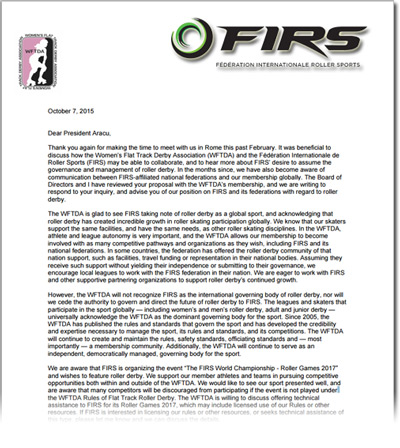 Click here for the full WFTDA letter to FIRS. (PDF)